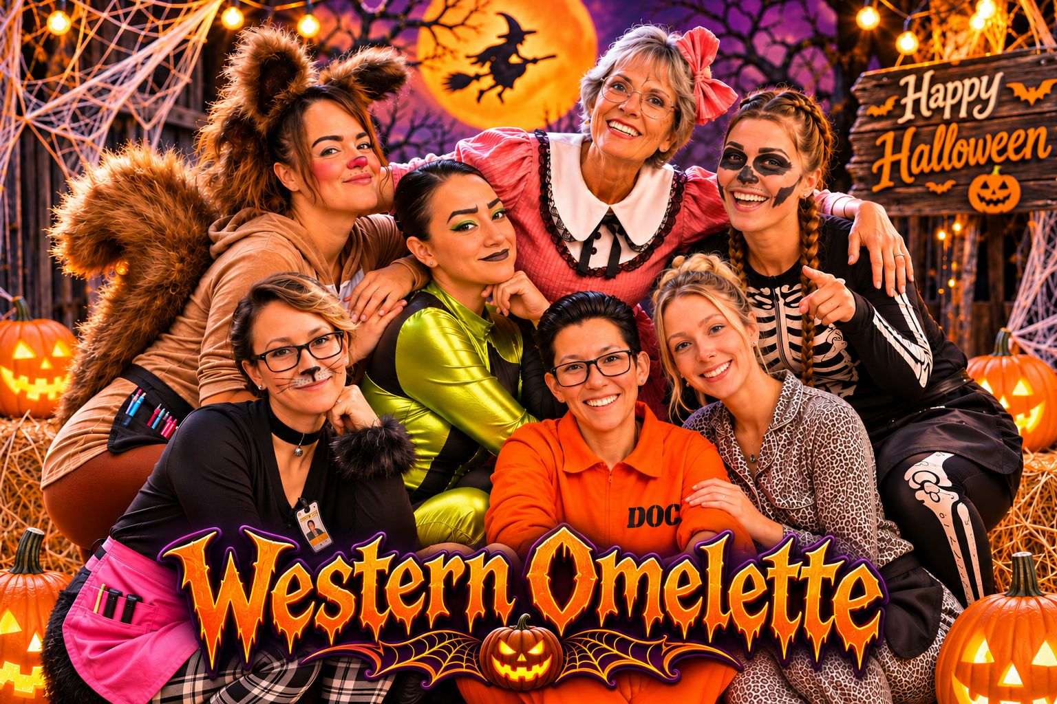 Western Omelette staff dressed in Halloween costumes, surrounded by pumpkins and festive decorations