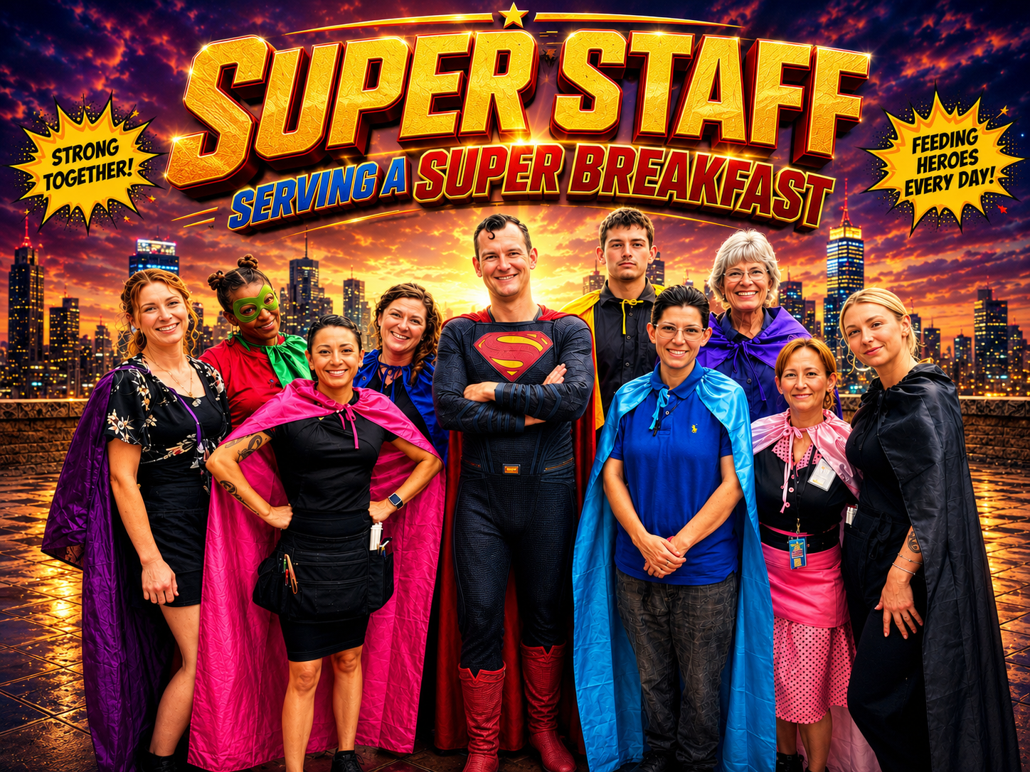 Western Omelette Super Staff β the team dressed as superheroes, serving a super breakfast. Strong together, feeding heroes every day!