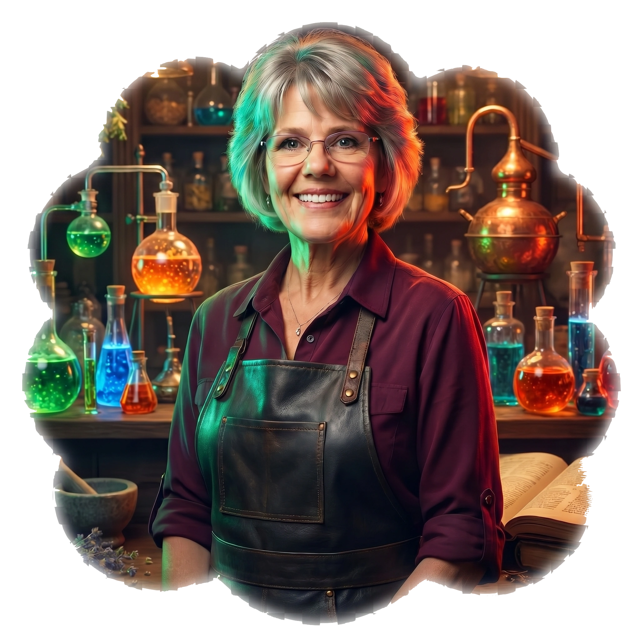 Wendi, Drink Alchemist at Western Omelette, surrounded by colorful potions and mixology tools